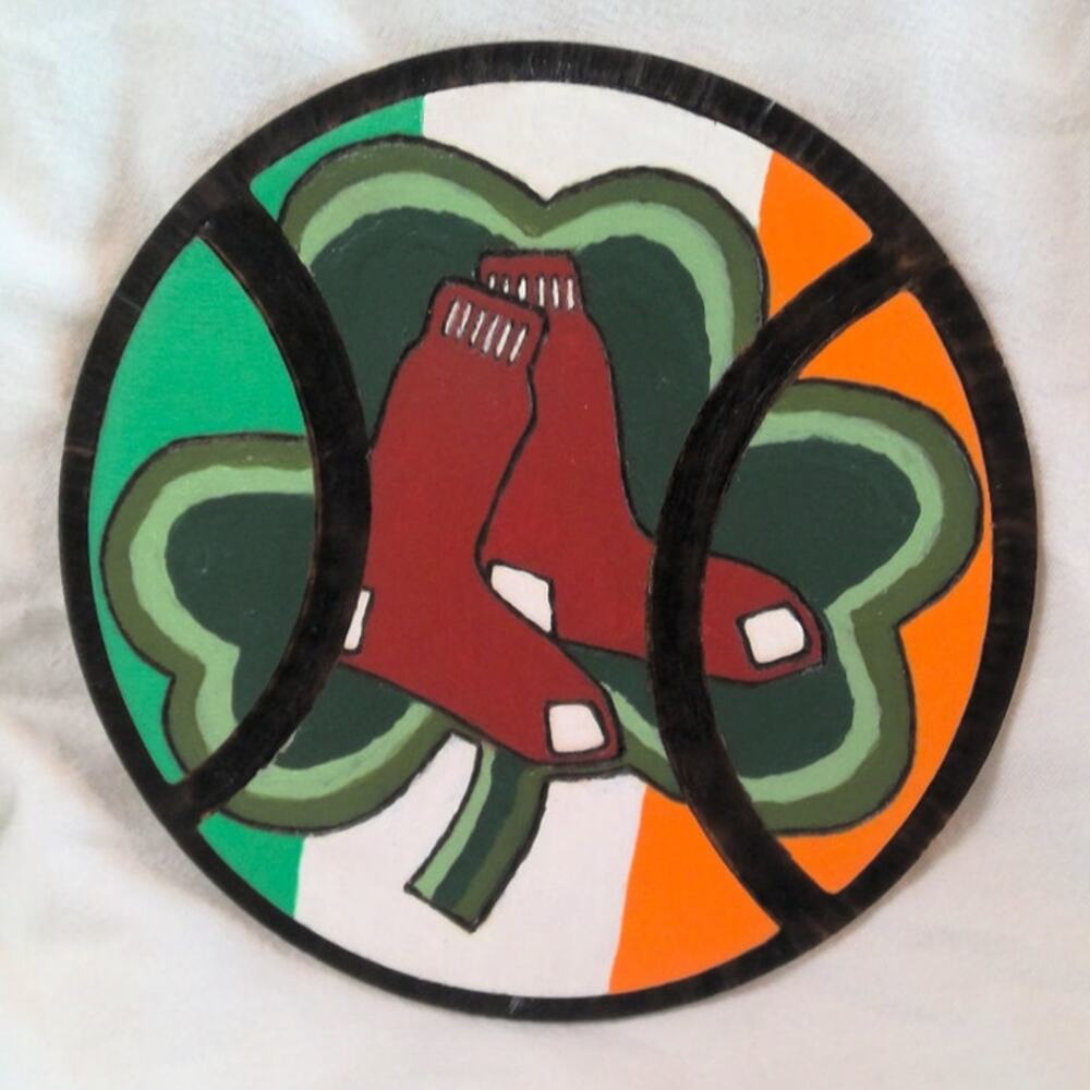 Handcrafted Boston Red Sox Wood Baseball Plaque Ireland St Patricks Day Shamrock